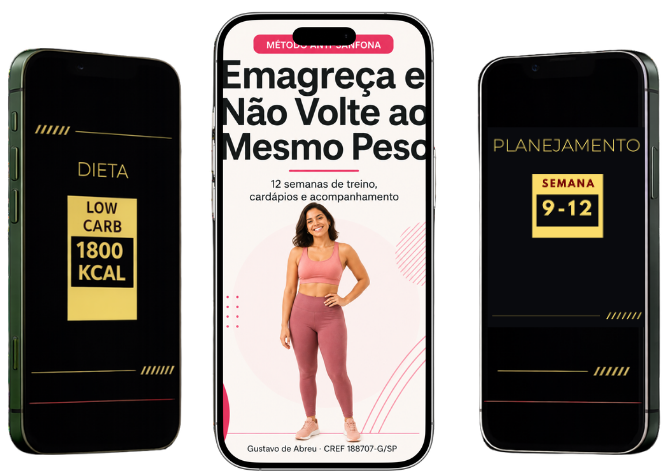 Mockup do Método Anti-Sanfona — cardápio low carb 1800kcal, programa completo e planejamento semanas 9-12