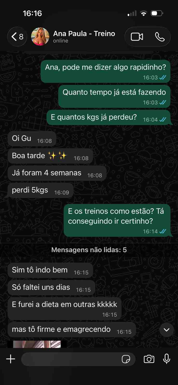 Conversa com Ana Paula relatando 5kg em 4 semanas